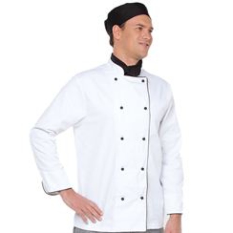 Traditional Chef Jacket with Black Piping and Front Buttons with Small Ribbon Collar Style 209